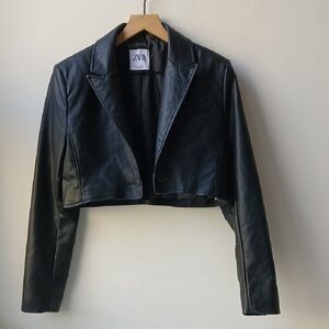 Zara Faux Leather Crop Blazer Jacket Black Women's Small